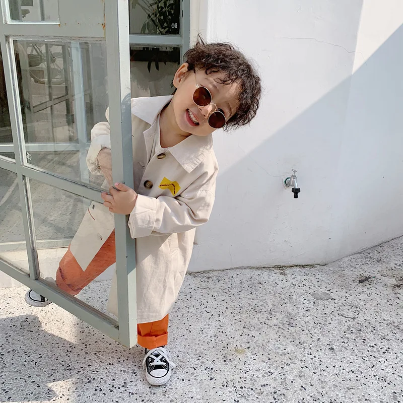 Модные Длинные куртки-тренчи для мальчиков Весенняя однобортная свободная