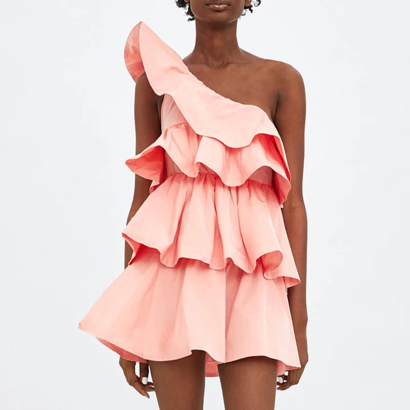 

Sexy One Shoulder Mini Dresses Womens Ruffles Decoration Body Summer Dress Women Sleeveless Bohemian Short Dresses Female
