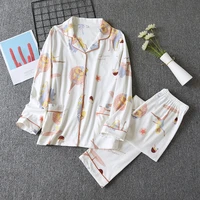 japanese style new spring and autumn pajamas set for ladies 100 cotton long sleeved two piece knitted cotton pajamas set women