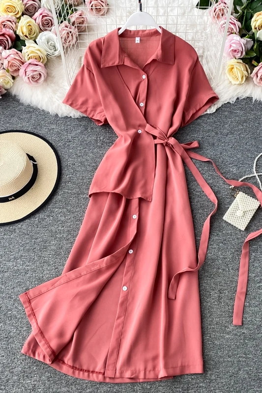 

2021 New Summer Solid Casual Turn-down Collar Elegant Dress A-line Short High Waist Single Breasted Mid-calf Lady Dress
