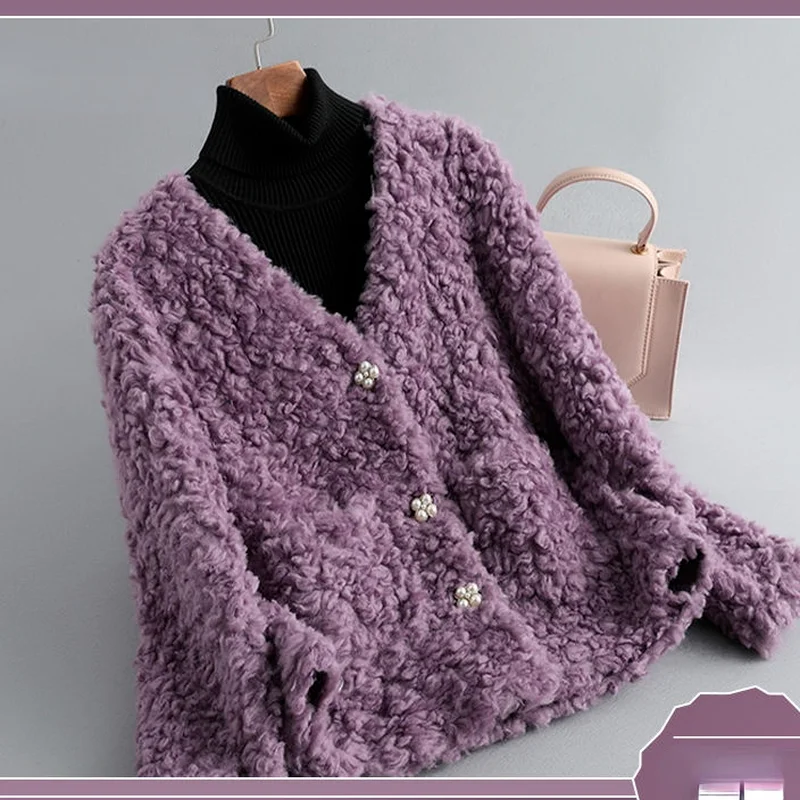 Women Winter Purple Genuine Fur Sheepskin Coats Ladies V Neck Wool Outerwear Female Thick Warm Sheep Shearing Jacket X696