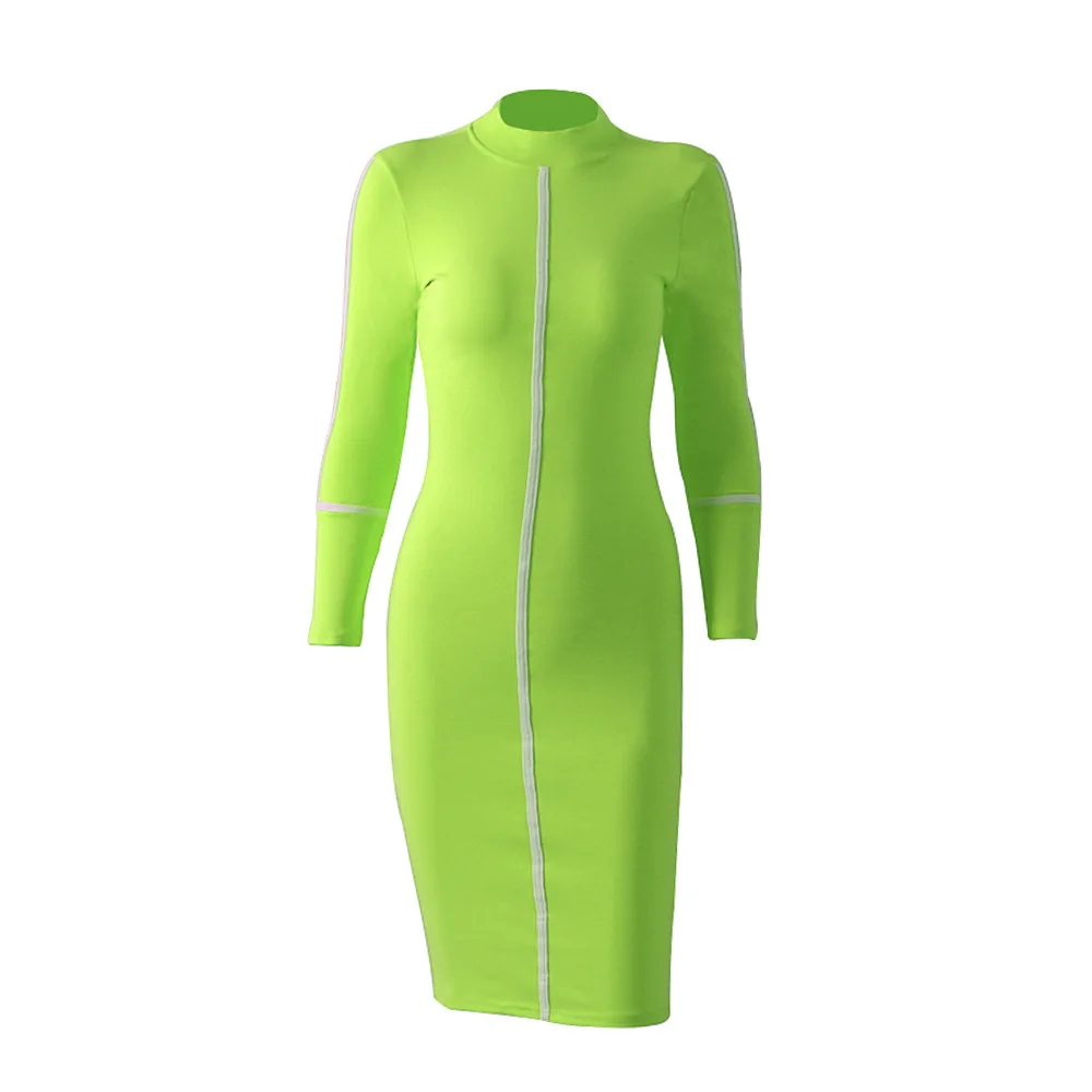 

BONJEAN Women's Bodycon Dress 2019 Autumn Clothing Robe Femme Stand Collar White Sheath Dress Mid-Calf Length Dresses BJ1560