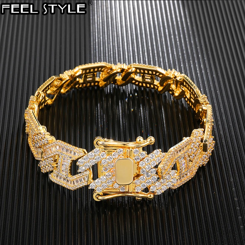 

15MM Heavy Miami Baguette Zircon Iced Out Cuban Link Bracelet AAA CZ Prong Setting Bracelets For Men Hip Hop Rapper Jewelry