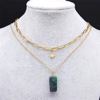 2pcs star stainless steel green natural stone necklace chain womenmen gold color layered necklace jewelry chaine femme nz23s04