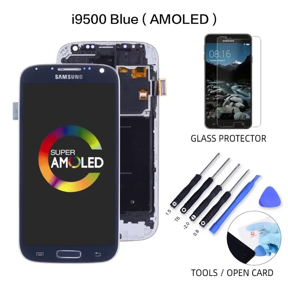 i9500 Blue AMOLED ЖК-дисплей для SAMSUNG S4, сенсорный ЖК-экран, дигитайзер для SAMSUNG Galaxy S4, ЖК-дисплей GT-i9505 i9500 i9505, синий, белый - Цвет: i9500 Blue AMOLED