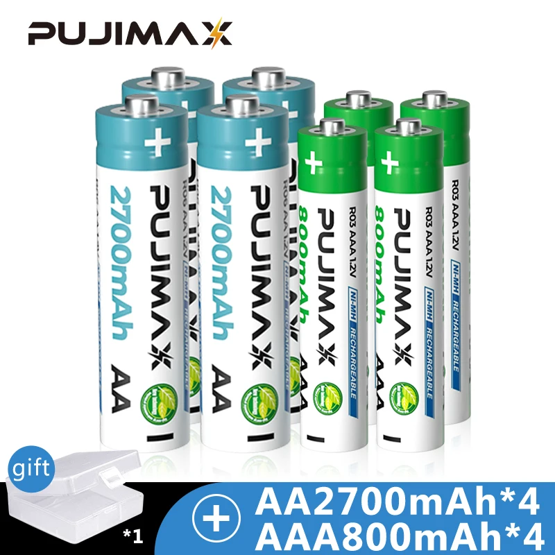 

PUJIMAX AA/AAA Rechargeable Battery Pack 1.2V Ni-MH Batteries 2700mAh+800mAh For Flashlights Microphone Wireless Mouse Toy Cars