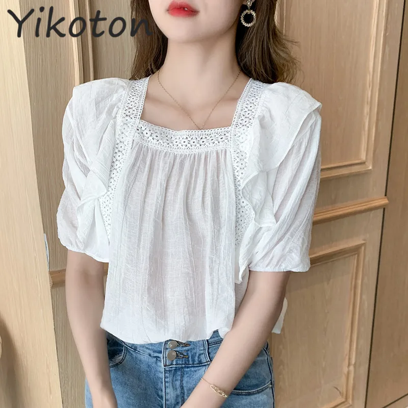 

Korean Fashion Womens Top and Blouses Chiffon Simplee Clothes Short Sleeve Soild Shirts 2021 Summer Casual Elegant Chemise Femme