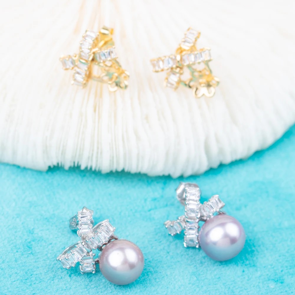 

E010804 Vermeerjewelry Real 925 Sterling Silver Earring For 8-11mm Round Bead Pearl or Stone Bow tie Shape