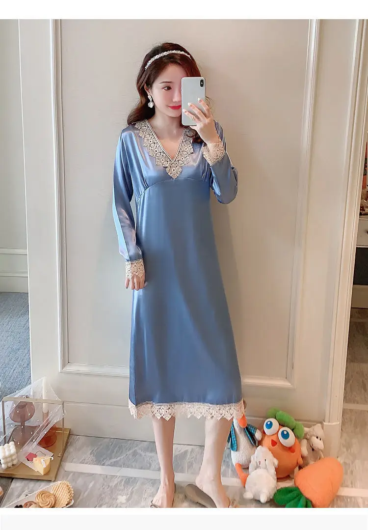 Women's New Long Sleeve Knee Velvet Nightgowns Slik Sleepshirts Women Vintage Nightgowns sleepwear