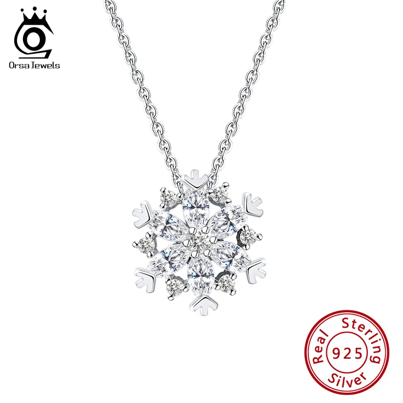 

ORSA JEWELS S925 Snowflake Pendant Necklace Gold Plated AAAA CZ Cute Women Pendant Christmas Sterling Silver Fine Jewelry SN170