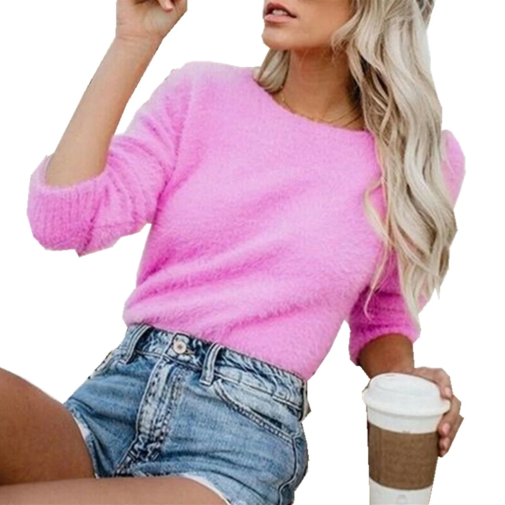 

Супермягкий удобный Однотонный пуловер для самостоятельного выращивания с круглым вырезом женский свитер модный сексуальный топ Женская ...