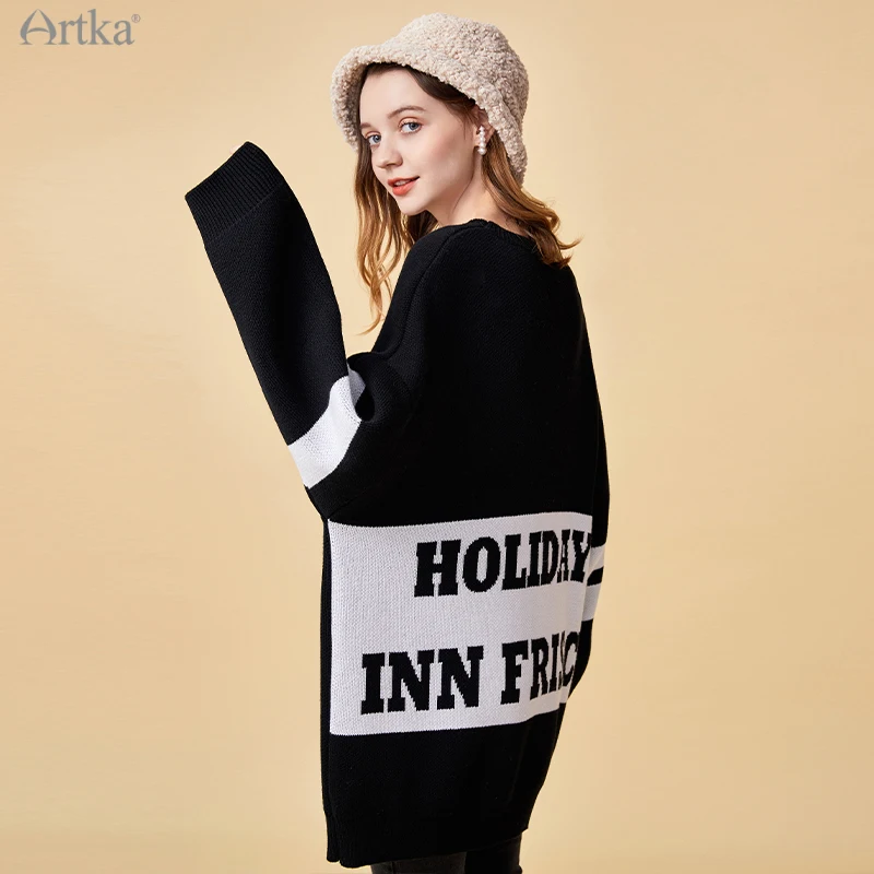 ARTKA 2020 Winter New Women Sweater Fashion Loose Wool Knitted Black Sweater Soft O-Neck Pullover Long Sweaters Dress YB25007D