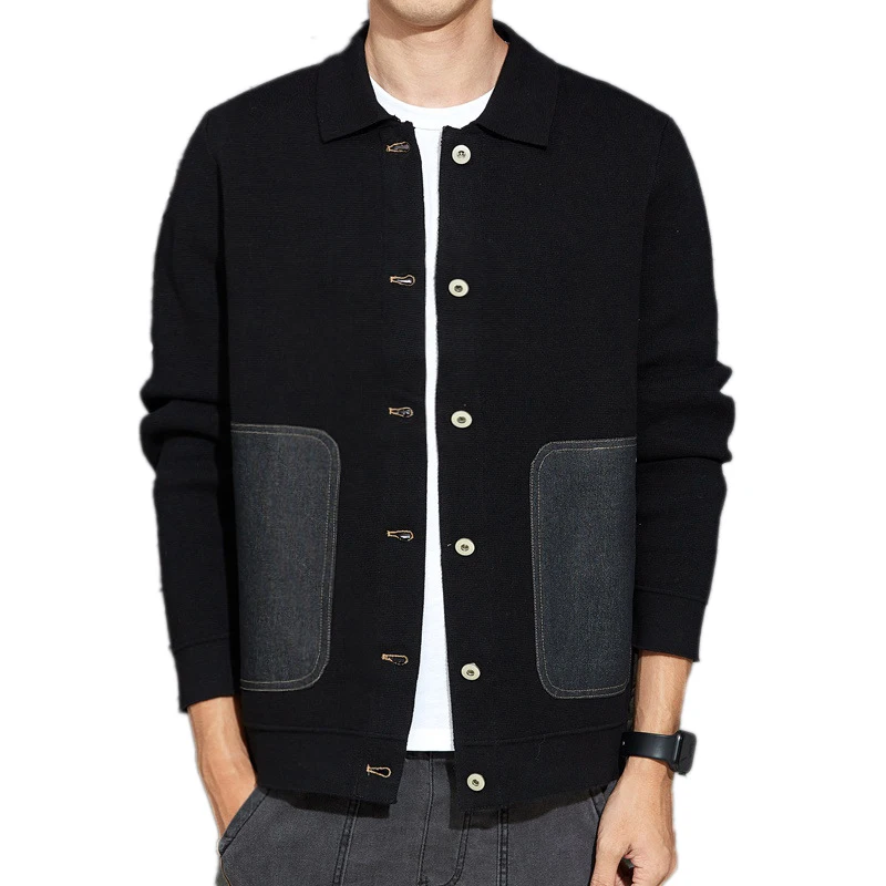 

Spring Fall Men Fashion Vintage Double Pocket Patchwork Long Sleeve Turn Down Collar Knitted Cardigan Handsome Chic Sweater Male