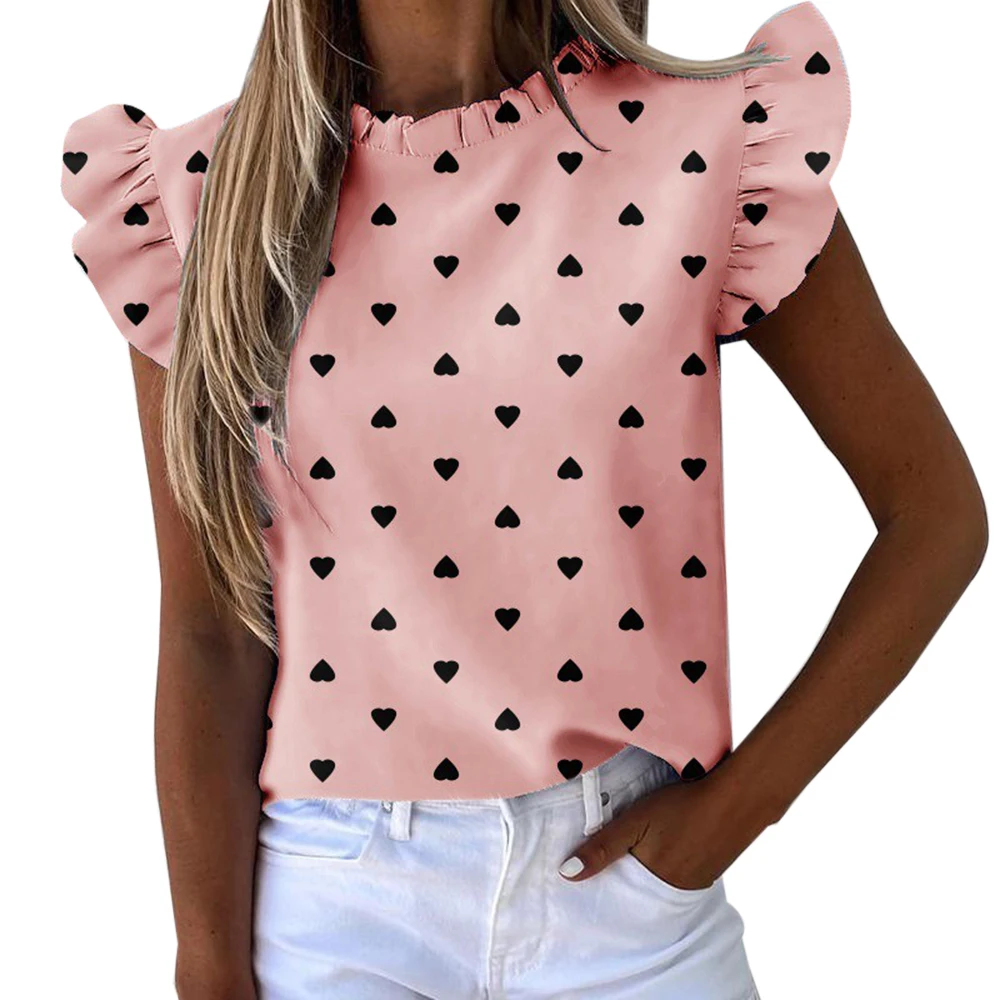 

Summer Ruffle Short Sleeve Round Neck Women's Shirt Flower Print Hollow Out Female Top Shirt Casual Ladies Blouse 2021