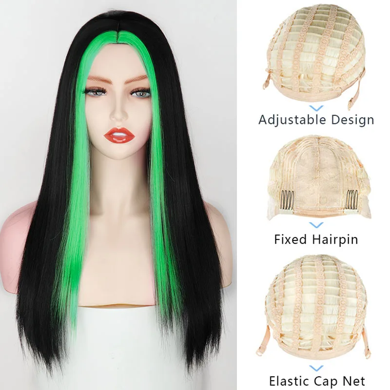 Black Long Straight Wig For Women Both sides Green Hair Middle Part Heat Resistant Wavy Cosplay cool Girl | Шиньоны и