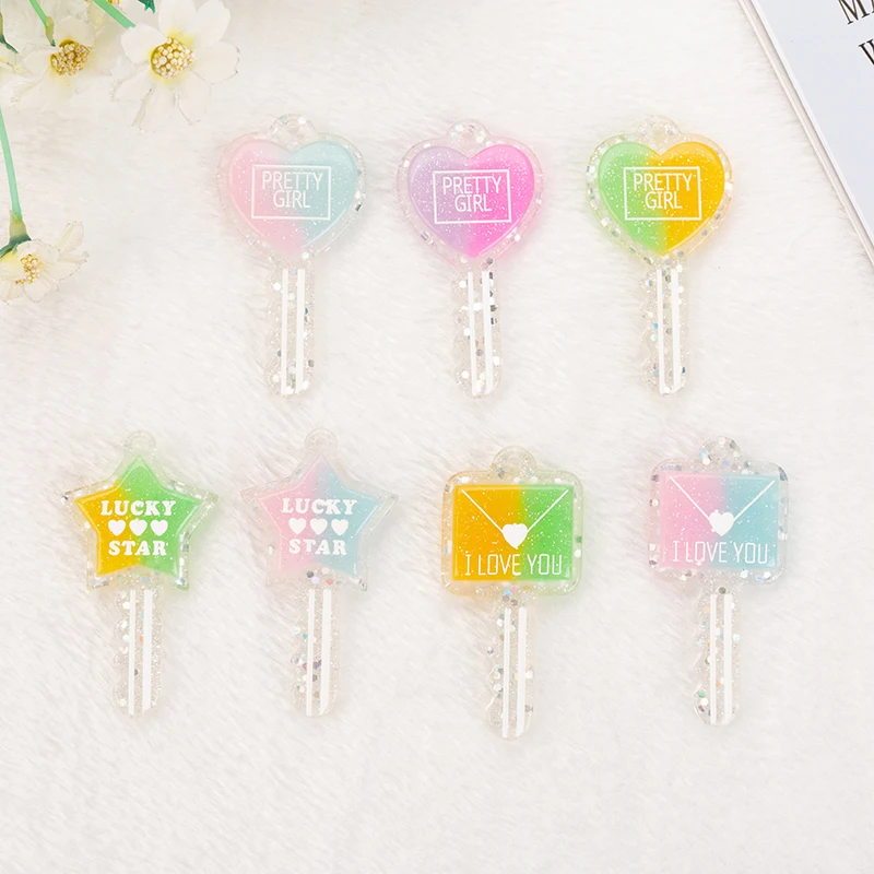 

7pcs/lot Glitter Heart Key charms pendants for jewelry making bracelets necklace earrings making resin flat back cabochon