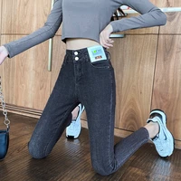 womens jeans autumn korean version pants solid color double buckle high waist elastic slim jeans slim slim female pants