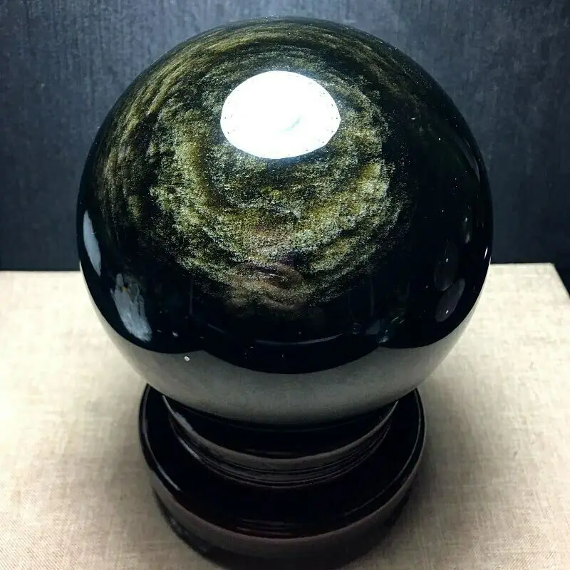 

124mm Natural gold obsidian crystal ball home decor healing +stand