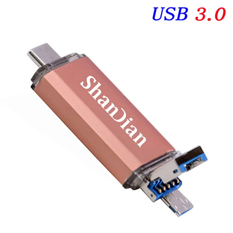 Rose gold SHANDIAN OTG 3 в 1 взаимный обмен данными между компьютером и периферийными устройствами флэш-накопители USB3.0& Тип type-C и Micro USB 128 Гб 64 ГБ 32 ГБ оперативной памяти, 16 Гб встроенной памяти, 8 ГБ 4 ГБ на флэшке, двойной флеш-накопитель USB пользовательских - Цвет: Rose gold