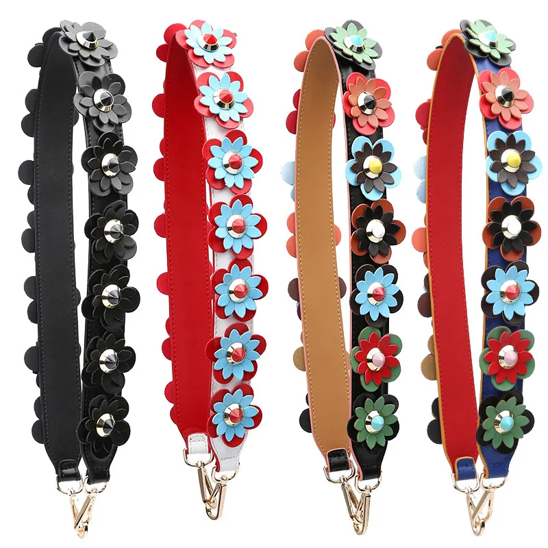 Geniune Leather Wide Bag Strap for Crossbody Rivet Flower Accessories Luxury DIY Handbag Cowhide Straps Bags Shoulder Handles