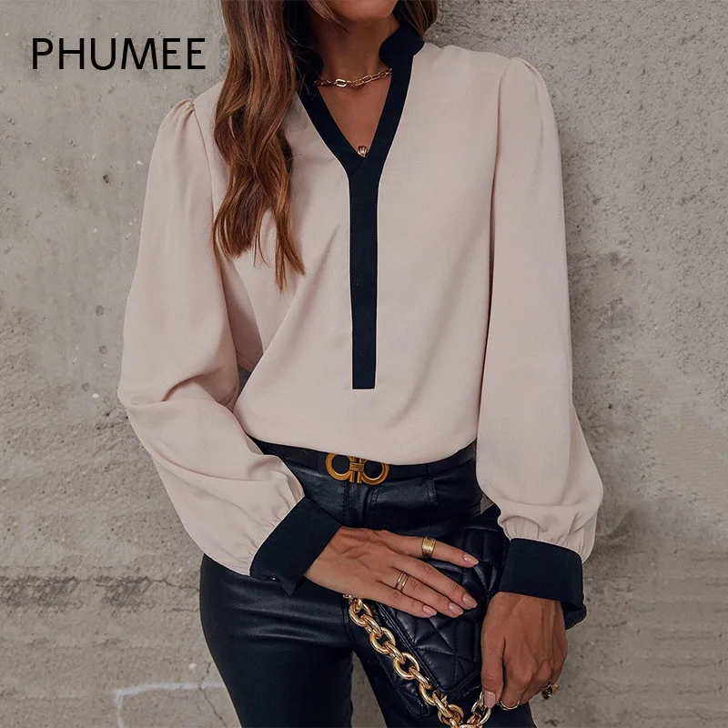 

Блузка женская с длинным рукавом, V-образным вырезом и пышными рукавами