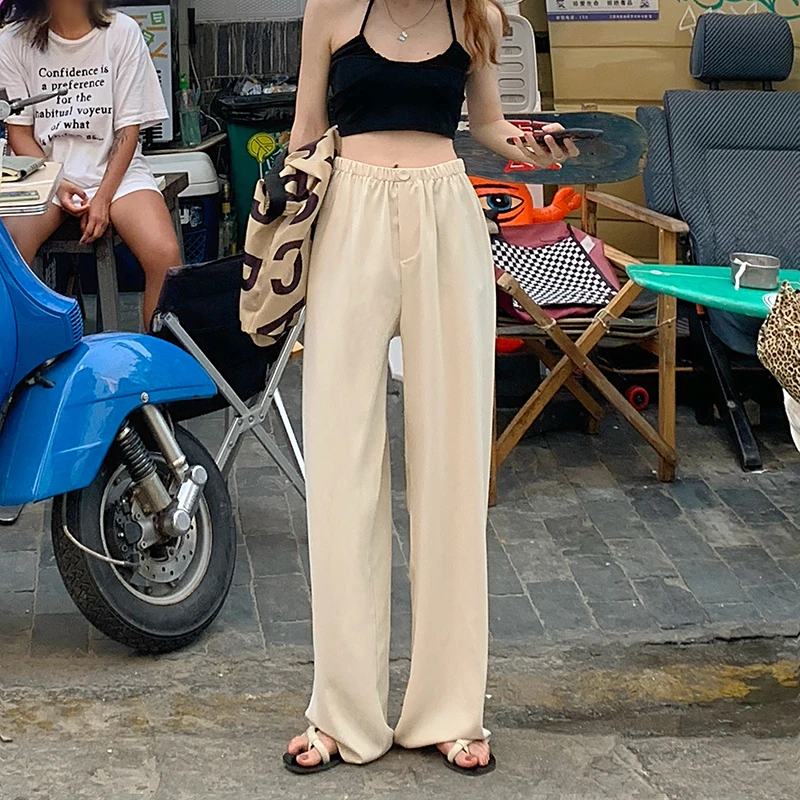 

Women Summer Straight Long Pant Elastic Waist Korean Style Office Lady Suit Pants Elegant Casual Loose Trousers Plus Size