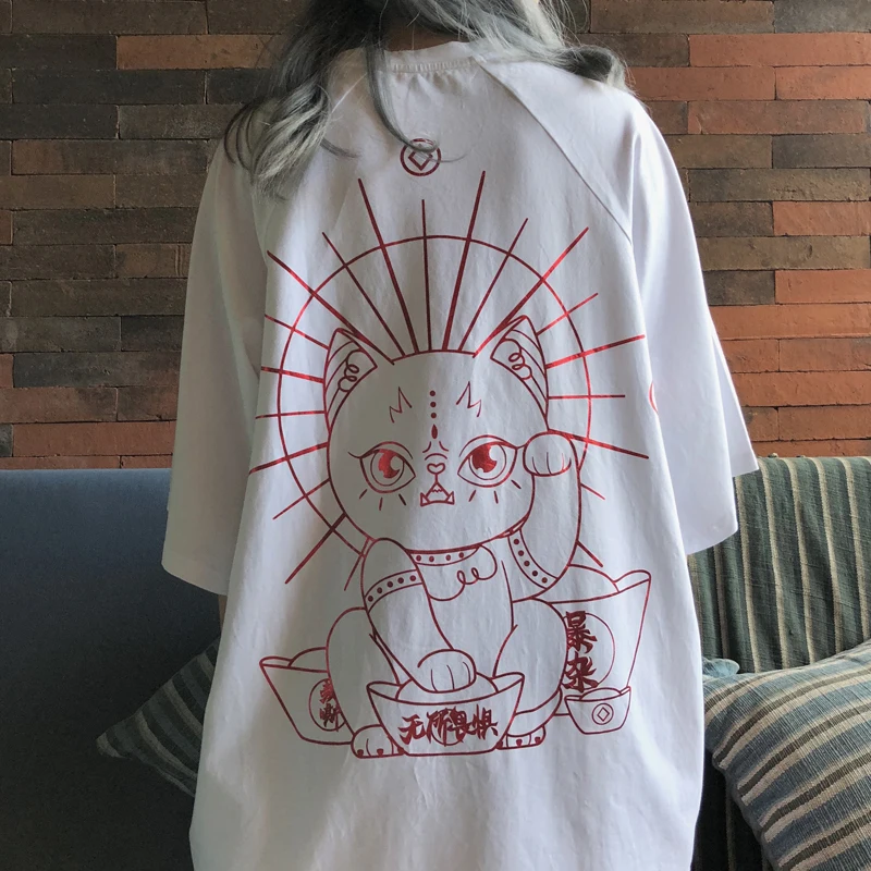 Готический стиль Lucky Cat Печать негабаритных футболка для женщин короткий рукав тройник Эстетическая Корейская одежда