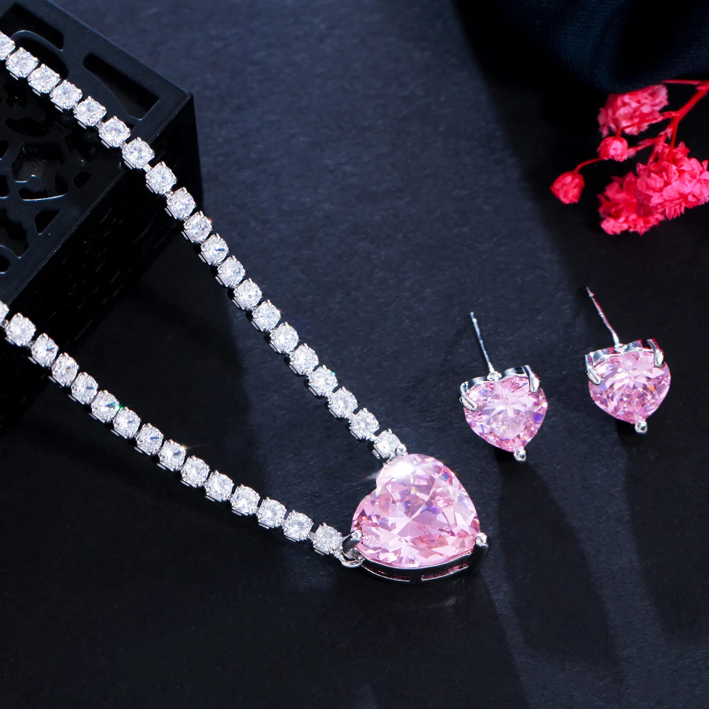 

CWWZircons милые романтические серьги в форме сердца с розовым кубическим цирконием и кристаллом для женщин, Обручальное ожерелье, серьги, Свадебный комплект ювелирных изделий T554