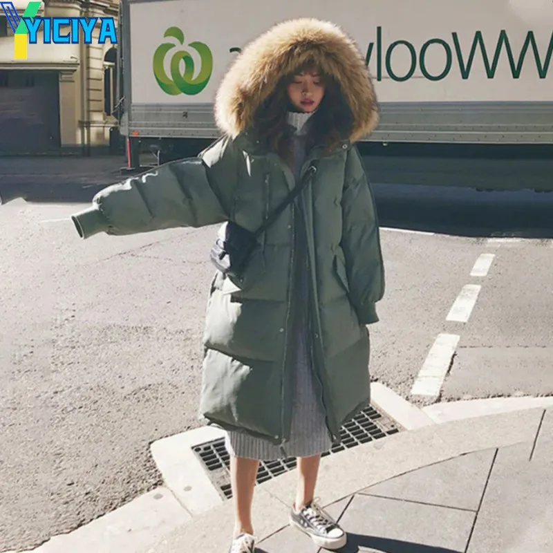 YICIYA Women's Winter Long Puffer Jacket Padded Korean  Large Faux Fur Collar Hooded  Thicken Parka Warm  Loose Women  Down Coat
