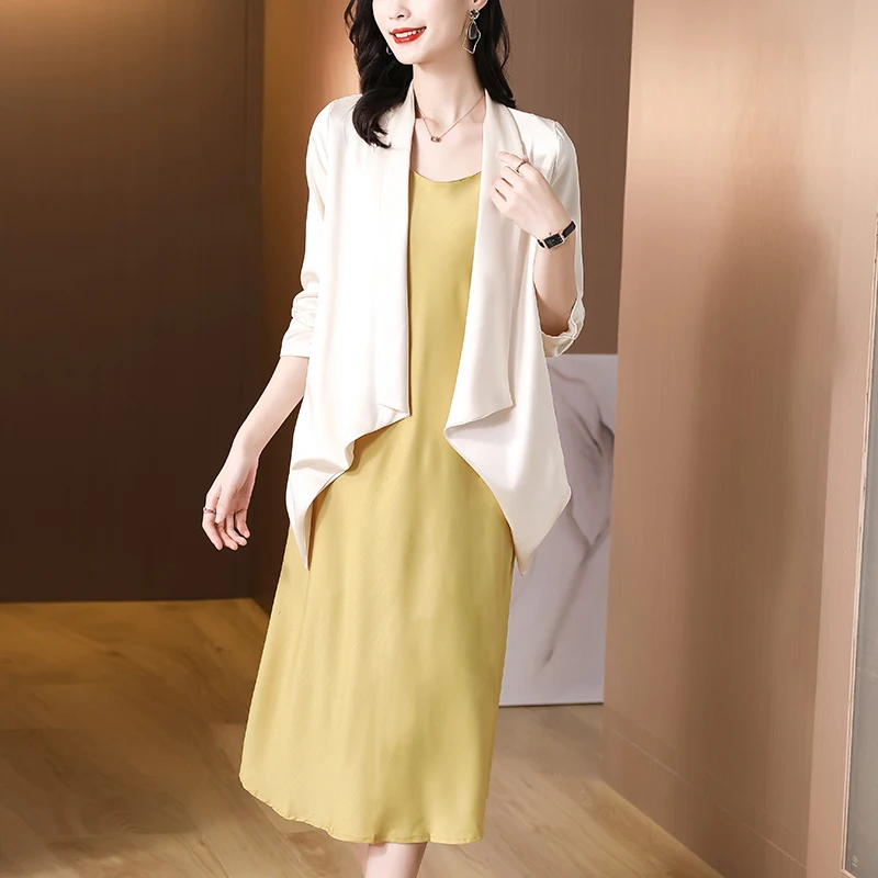 

TingYiLi Open Front Silk Cardigan Coat Women Spring Summer Draped Front Cover Up Casual Loose Irregular Long Jacket Top Female