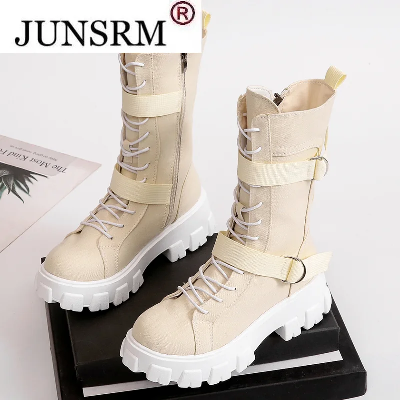 Женские сапоги до середины икры осенне-зимние из искусственной кожи в стиле панк