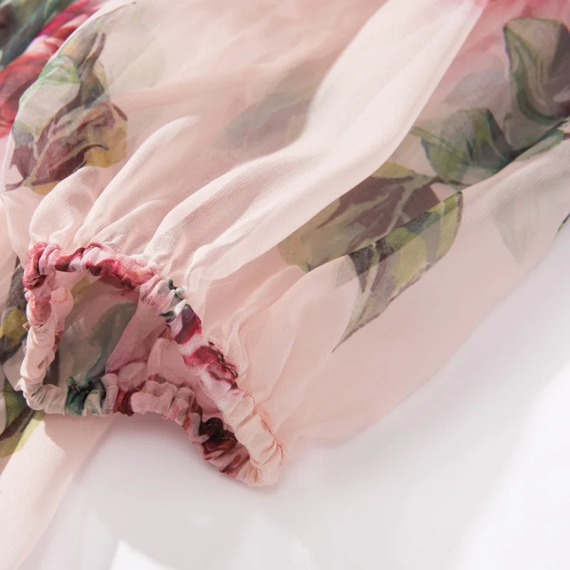 

DIDABOLE summer Bohemian Women's Bowknot Streamer Vacation Vintage Elegant Rose Print High Quality Fashion Chiffon Long Dress