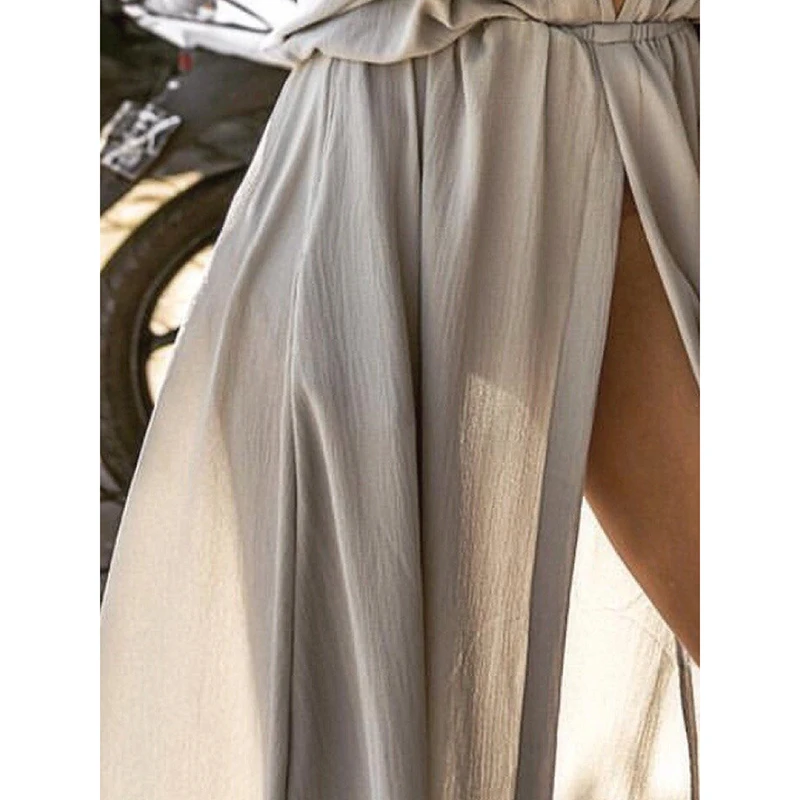 

Sexy Deep V Neck Maxi Dress Women Short Sleeve Loose Solid Beach Dresses For Women Elegant High Split Boho Dress Female CX1824