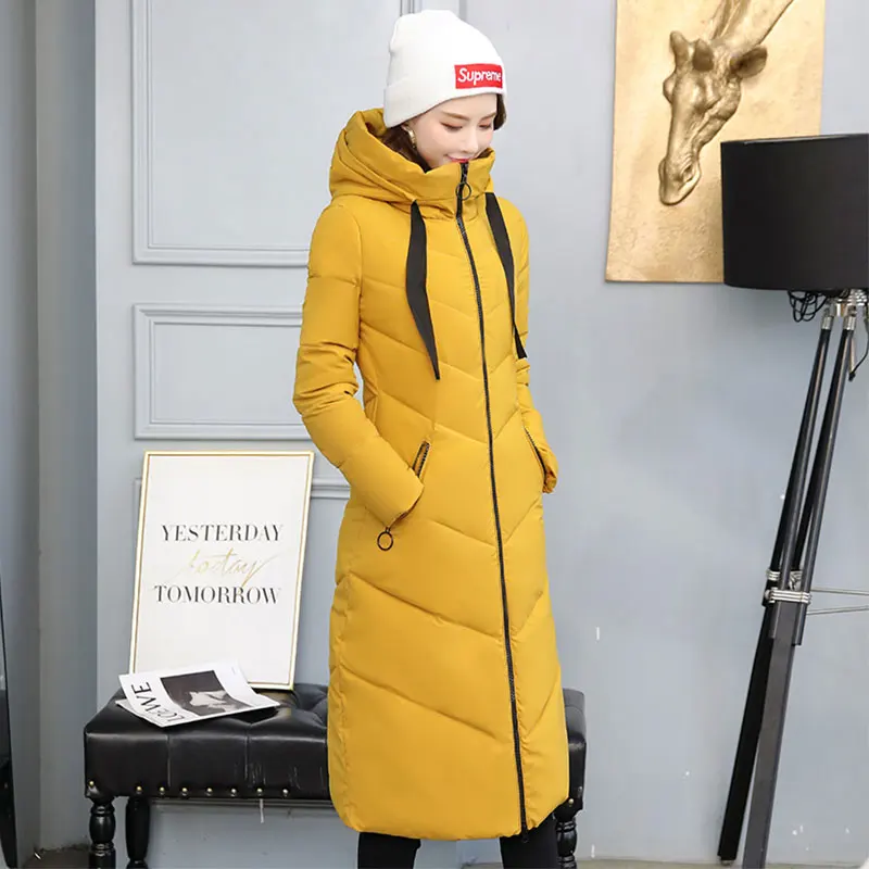 YELLOW Женское длинное пальто с капюшоном для пекарни, большой размер, зимнее пуховое пальто, Студенческая Толстая теплая куртка, ватные парки с хлопковой подкладкой и большим карманом - Цвет: YELLOW