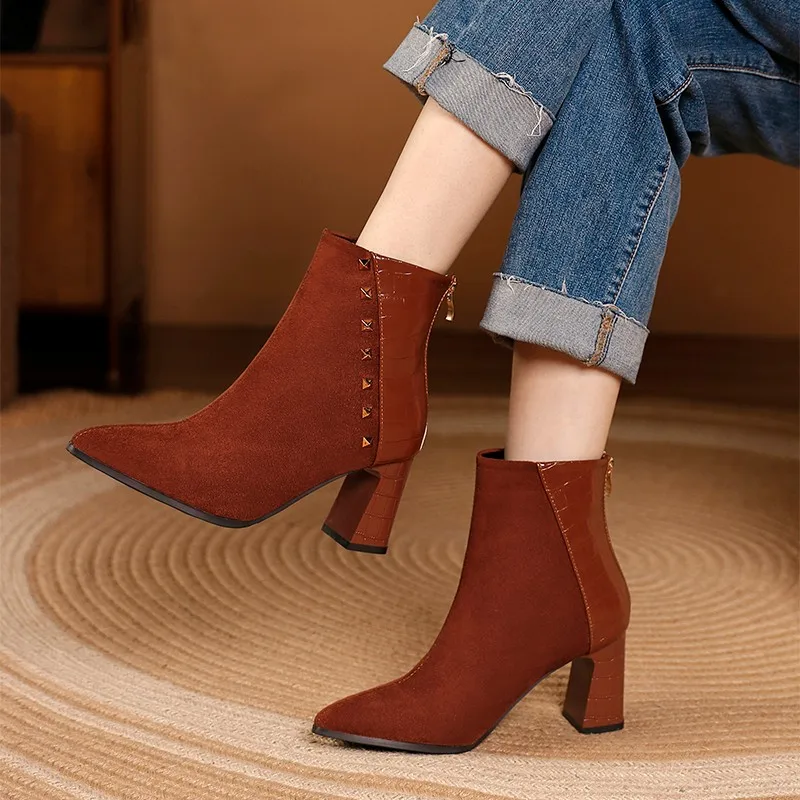 

Women Shoes Ankle Pumps Flock Toe Boots Solid Autumn Spring 2021 New High-heeled Shoes Botas Mujer Dropship