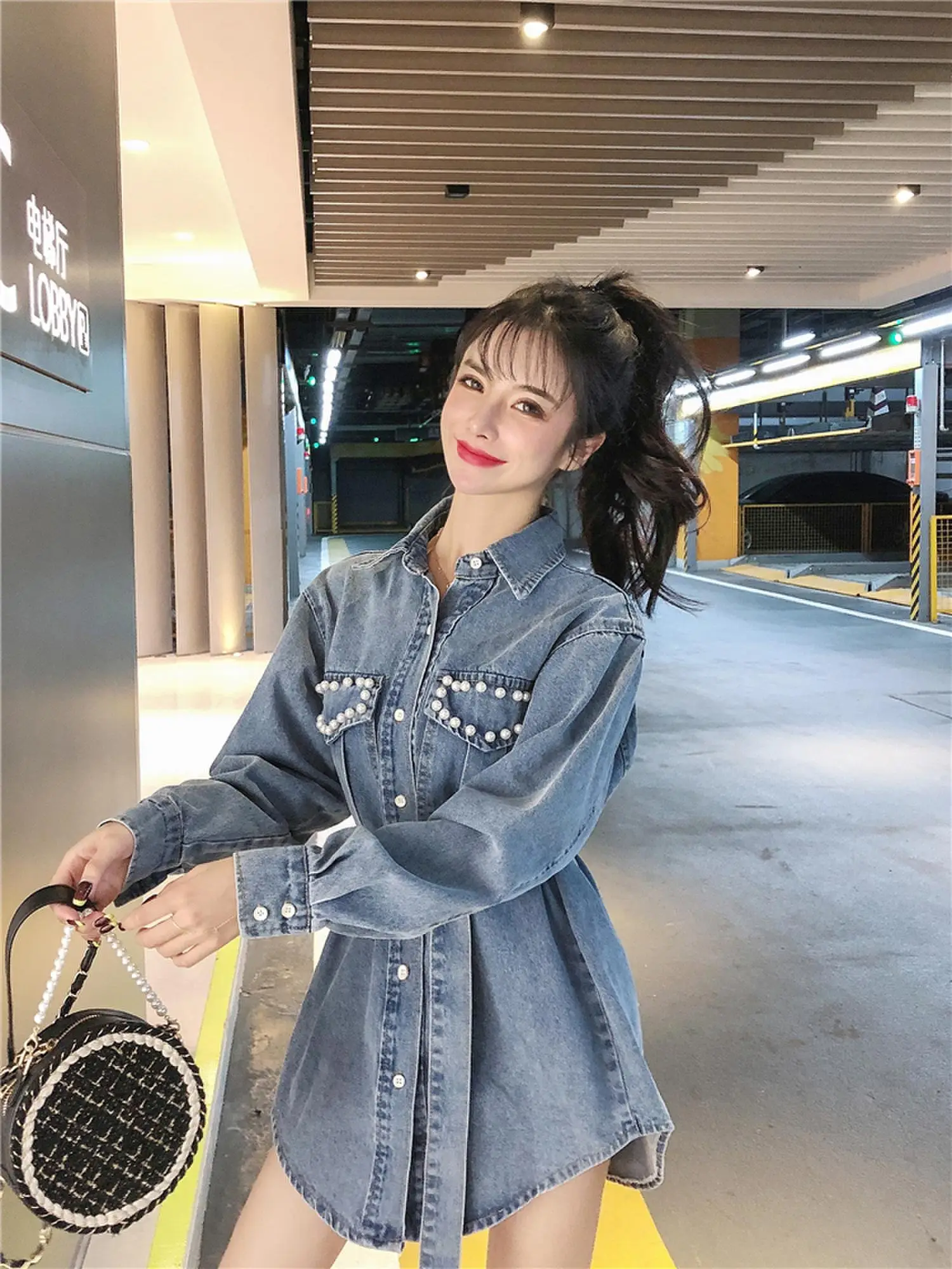 Fall winter Korean style lapel waist tie mid-length beaded denim jacket