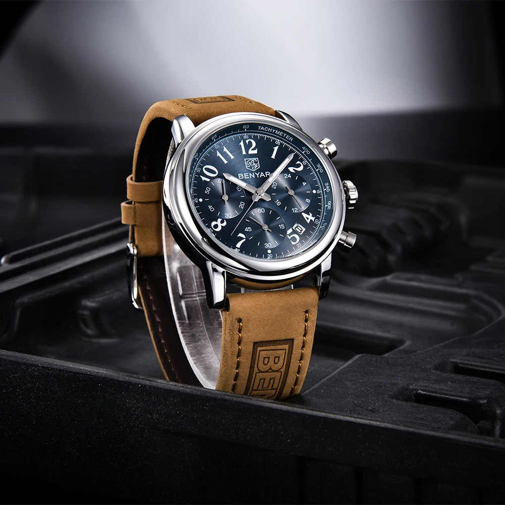 

BENYAR New 2021 Leather Military Watches Luxury Fashion Men Quartz Wristwatch 50ATM Waterproof Sports Watch for Men reloj hombre