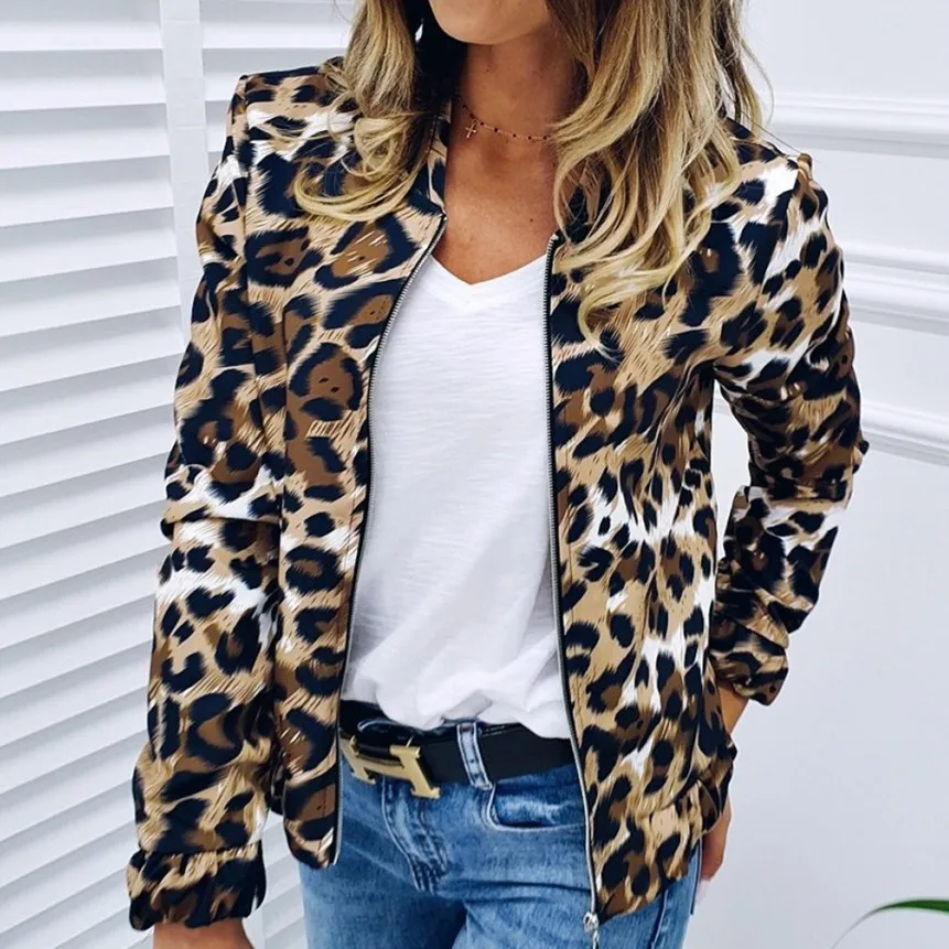 

New Fashion Women Long Sleeve Jacket Sweater Top Ladies Casual Leopard Print Cardigan Zipper Short Outwear Coat Jacket
