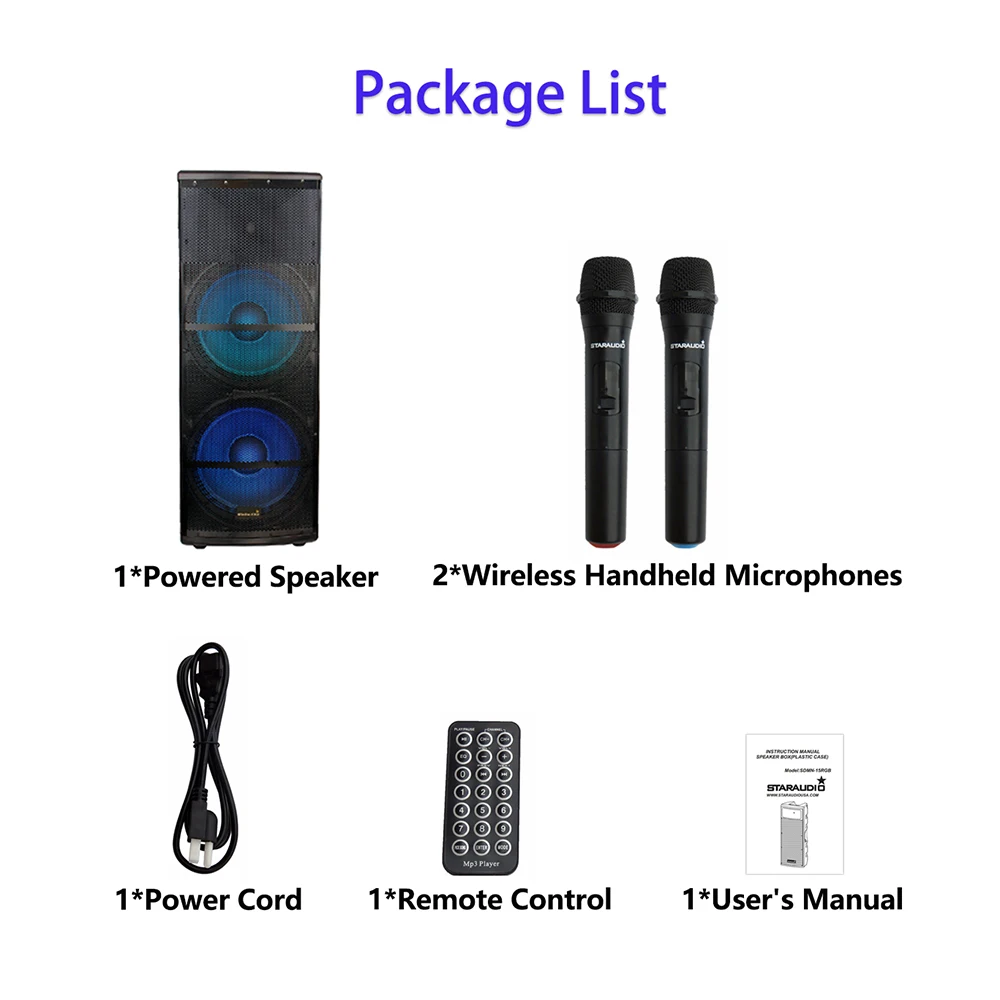 구매 5000W 듀얼 15 인치 전원 활성 DJ PA 블루투스 스피커 2 채널 UHF 핸드 헬드 무선 마이크 시스템 SDMN-15RGB + SMU-0215A