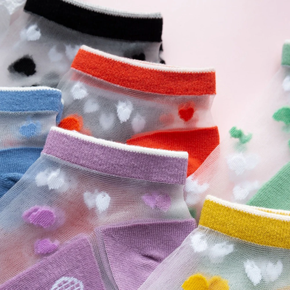 

New Summer Thin Glass Silk Socks Shallow Mouth Cute Japanese Korean Heart Breathable Socks Female 6 Colors Lovely Boat Socks