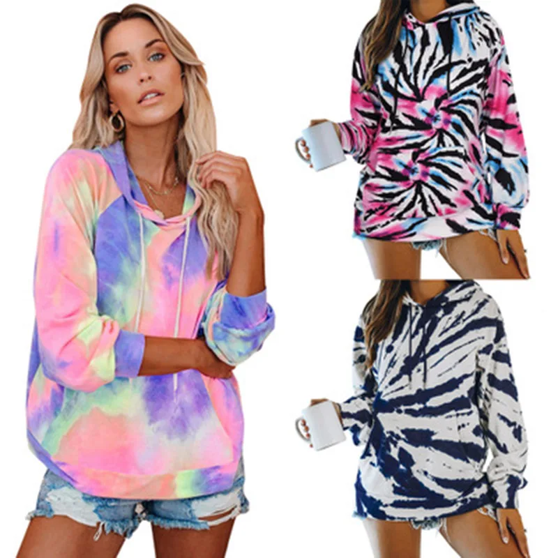 

Пуловер Женский свободного кроя, с капюшоном, на завязках, с цветным принтом, осень 2020