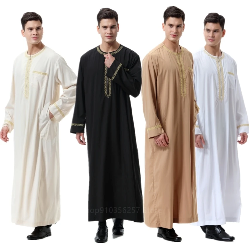 

4Colors Jubba Thobe Islamic Clothing Muslim Fashion Men Formal Caftan Kaftan Zipper Arabic Homme Robe Islam Embroidery Plus Size