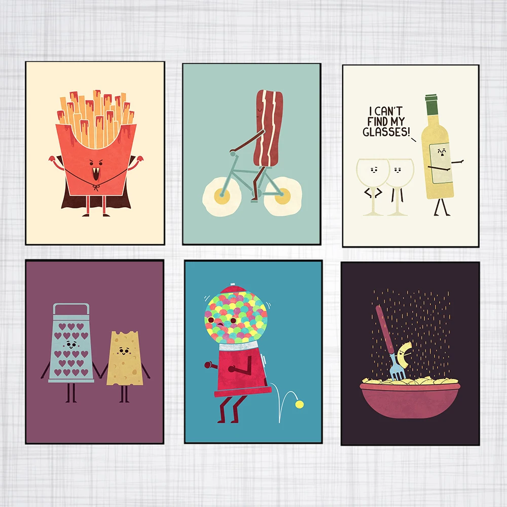 Мультяшные забавные постеры для еды картошки фри суши рамен коктейлей печать на