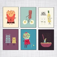 cartoon funny food posters french fries ramen sushi cocktail print canvas painting club bar shop kitchen wall pictures decor