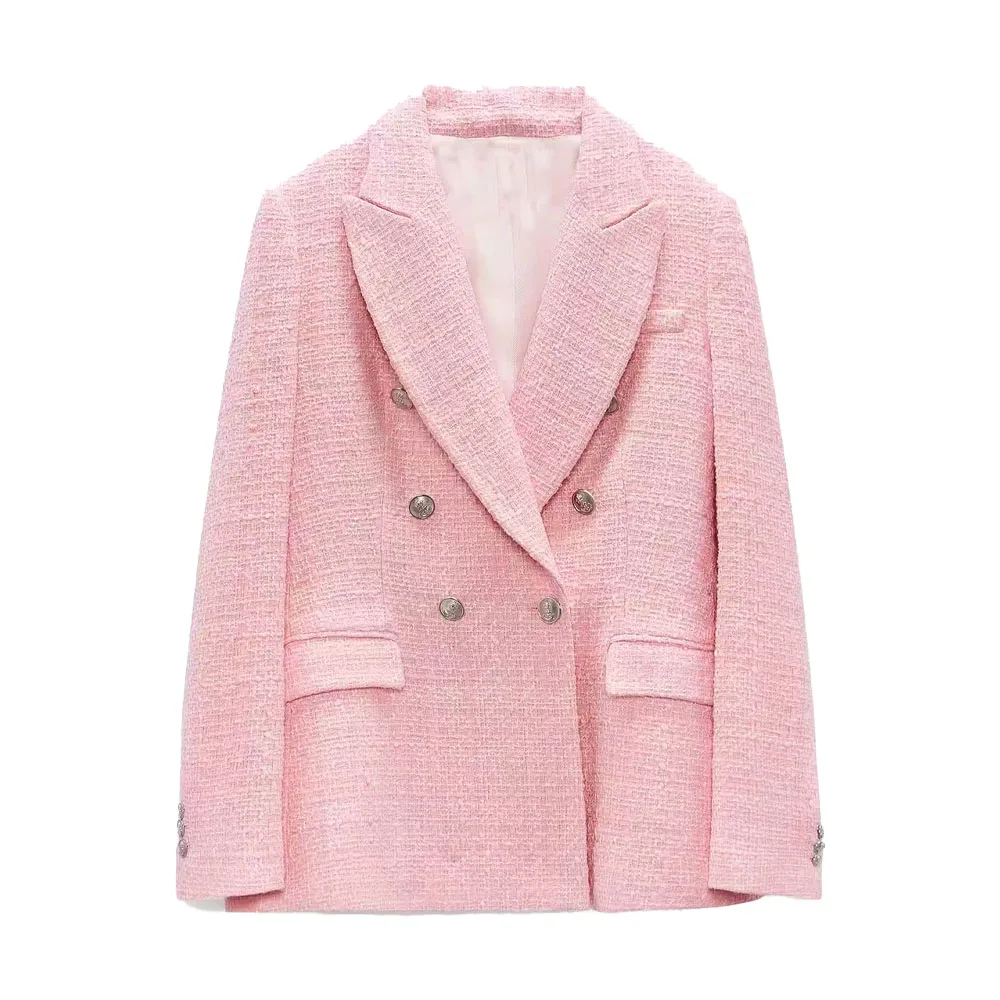 

2021 Women's Jacket Spring Pink Lapel Long-sleeved Double-breasted European and American Style Sub-textured Blazer