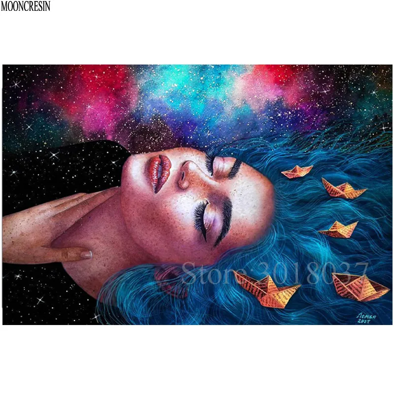 

Diy Diamond Painting Cross Stitch Sleeping Woman & Paper Boat Needlework Diamond Embroidery Full Round Mosaic Decoration Resin