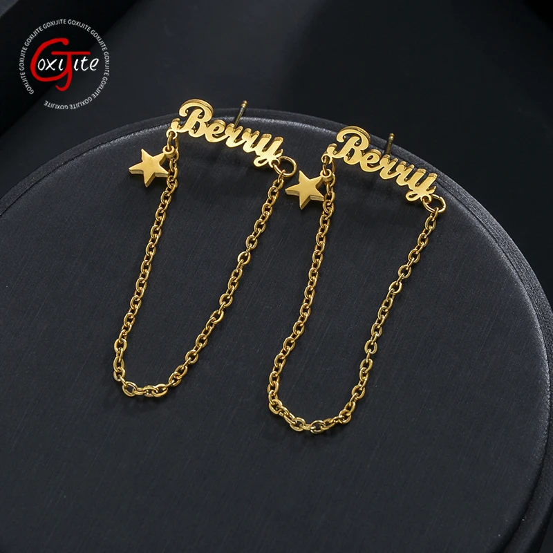 

Goxijite Custom Name Star Stud Earring For Female Stainless Steel Personalized Hanging Chain Nameplate Piercing Earrings Gift