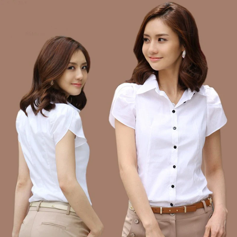 

Women Summer Formal Shirts Short Sleeves Slim Fit Office Lady Turn-down Collar EIG88