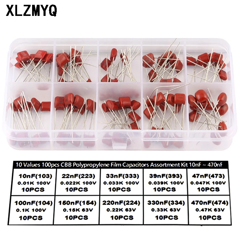 100pcs 10nF-470nF Metallized Polyester Film Capacitors Assortment Kit 10nF 22nF 33nF 47nF 220nF 470nF CBB Capacitor Samples Set