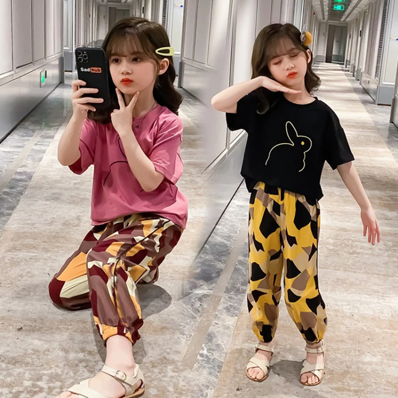 

New Arrivals Teen Girls Suit Spring Fashion Kids Clothes Set Short sleeve Top+Pants Cartoon High Quality Children Outfits 4-11Y
